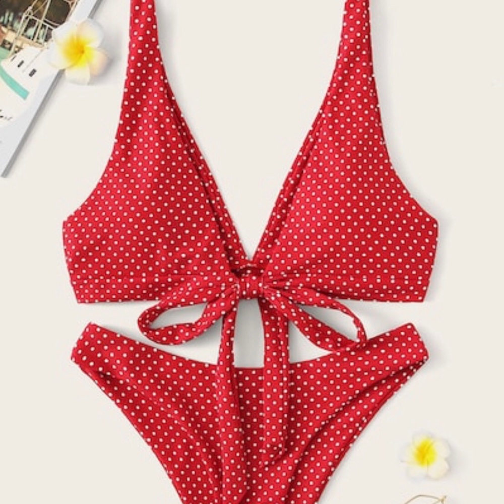Dot Print Plunge Top With High Cut Bikini